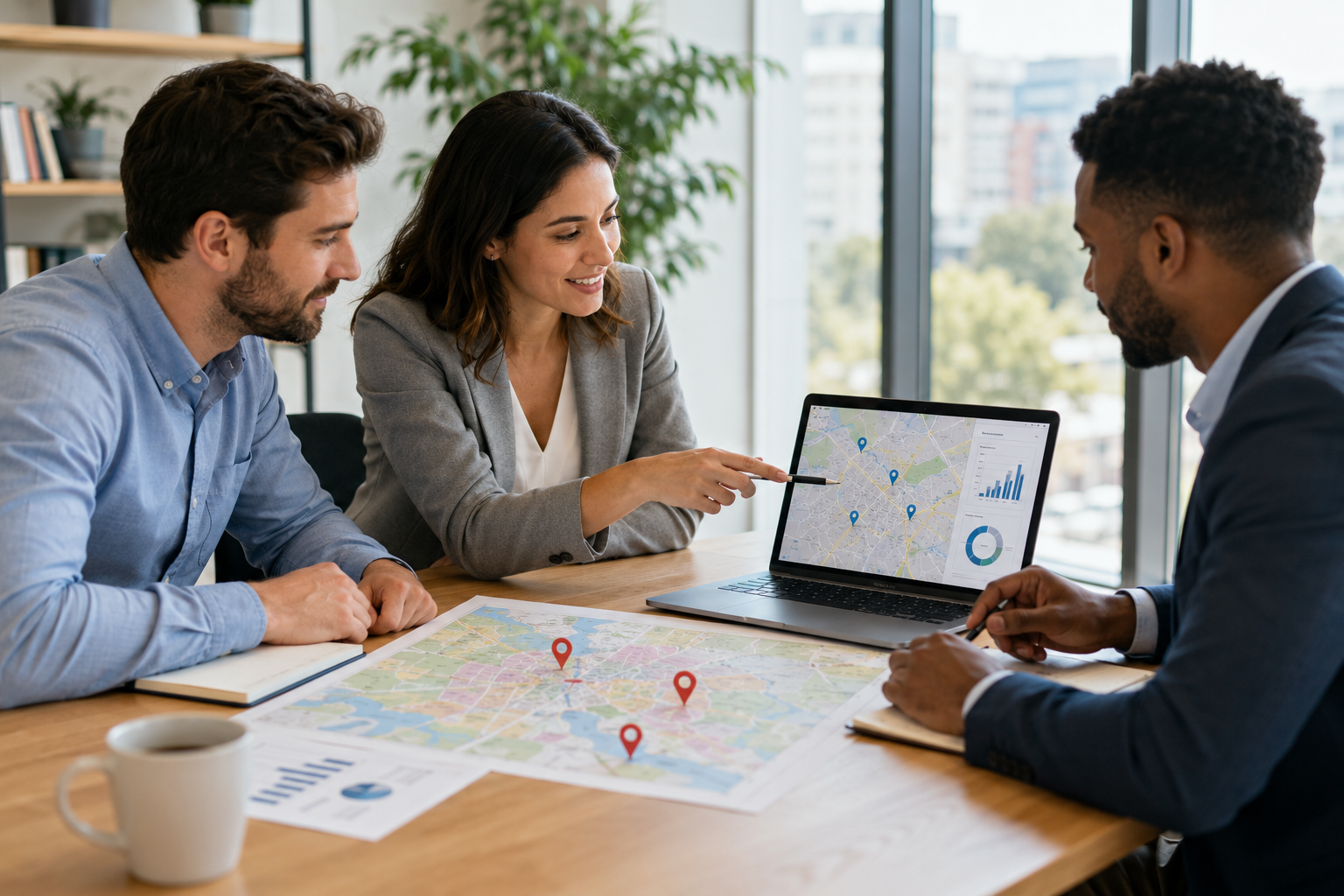 Zakelijk overleg over regionale marketing met laptop, kaart en locatiepunten op tafel.