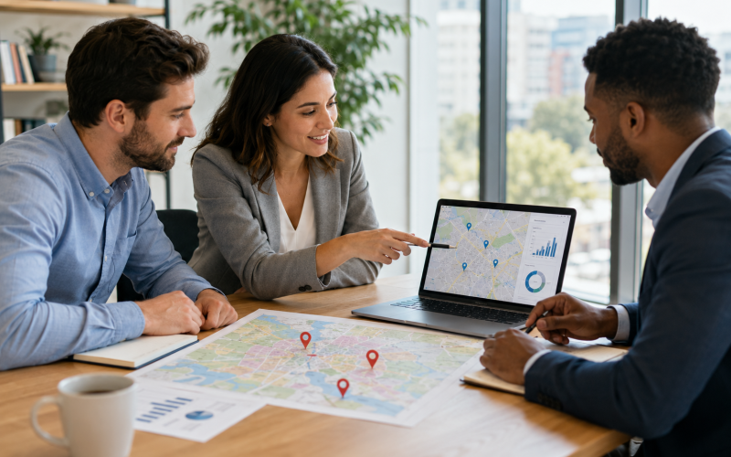 Zakelijk overleg over regionale marketing met laptop, kaart en locatiepunten op tafel.